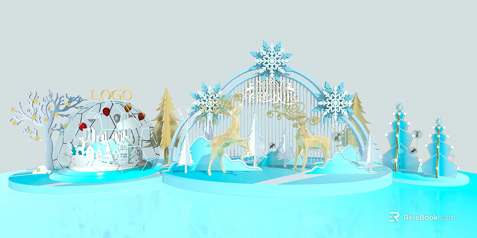 Winter Themed Decorative Display with Snowflakes Golden Deer Christmas Trees and LOGO on Blue Background 3d model 