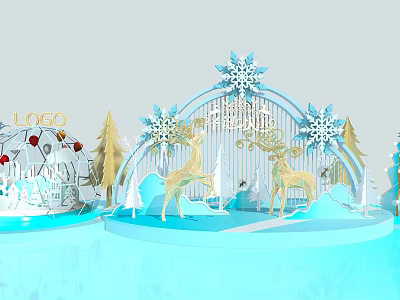 Winter Themed Decorative Display with Snowflakes Golden Deer Christmas Trees and LOGO on Blue Background 3d model