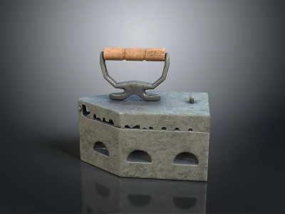 Unique Rustic Stone Container With Wooden Handle And Decorative Holes 3d model