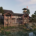 Scenic Ancient Traditional Buildings With Wooden Waterwheel By Riverside And Trees