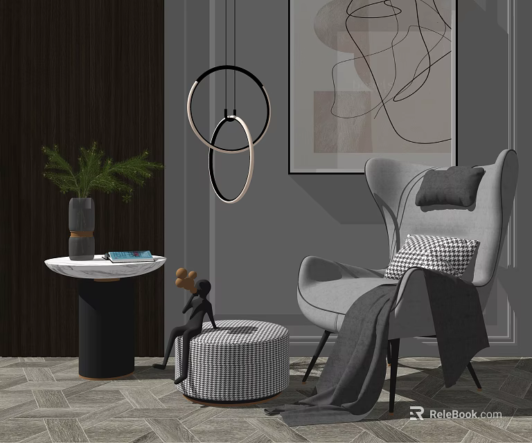 Modern Gray Single Sofa With Accent Pillows Side Table And Wall Art Decor 3d model 