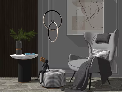Modern Gray Single Sofa With Accent Pillows Side Table And Wall Art Decor 3d model