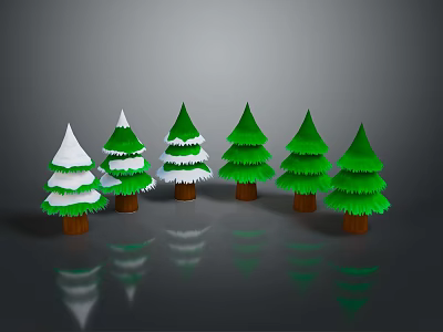 Six Green Pine Trees With Snow Covered Tops And Brown Trunks On Gray Background 3d model