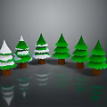 Six Green Pine Trees With Snow Covered Tops And Brown Trunks On Gray Background