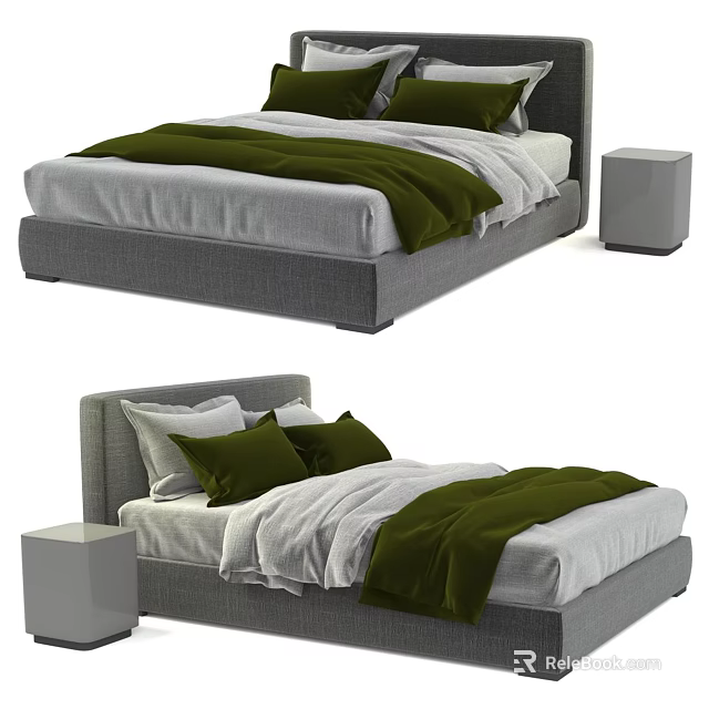 Gray Upholstered Double Bed With Green Comforter White Sheets And Nightstand 3d model