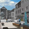 Modern Commercial Street With Pedestrians Strolling Shops Green Plants And Vibrant Atmosphere