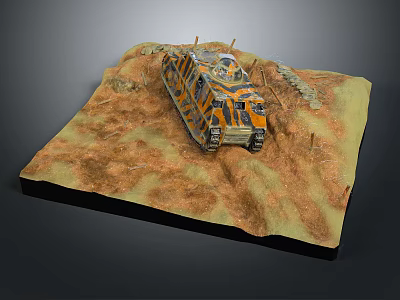 Orange and Black Military Vehicle Model with Dirt Terrain and Grass Elements 3d model