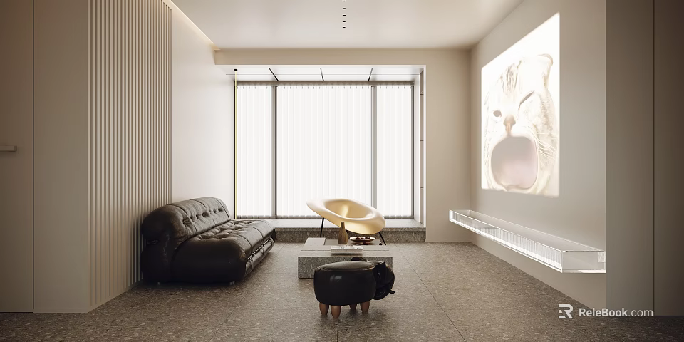 Modern Living Room With Black Sofa Curved Chair And Projection 3d model 