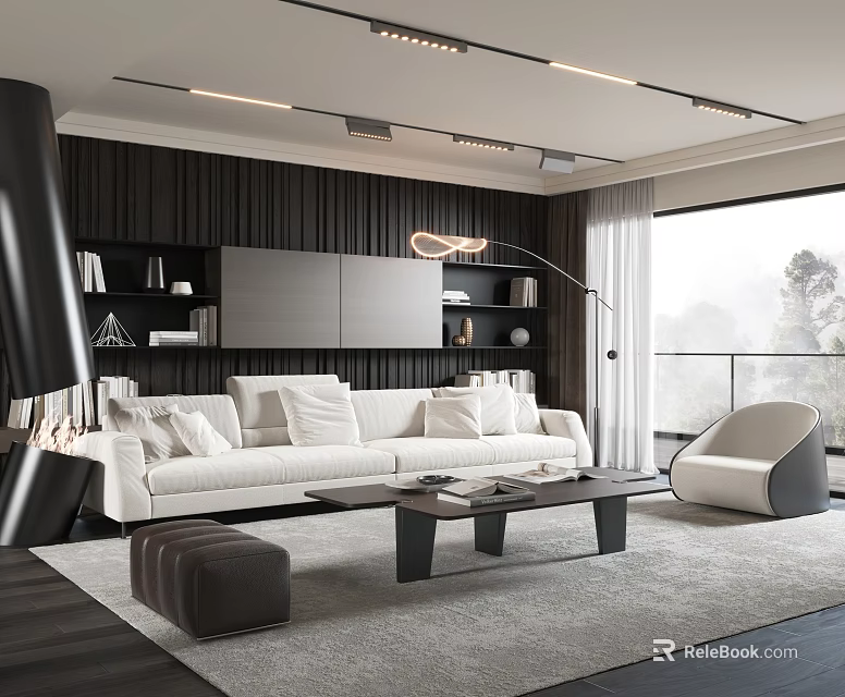 Modern Living Space White Sofa And Coffee Table Set With Floor Lamp And Large Window 3d model 
