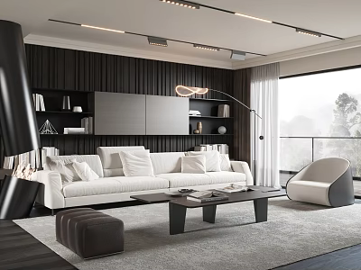 Modern Living Space White Sofa And Coffee Table Set With Floor Lamp And Large Window 3d model