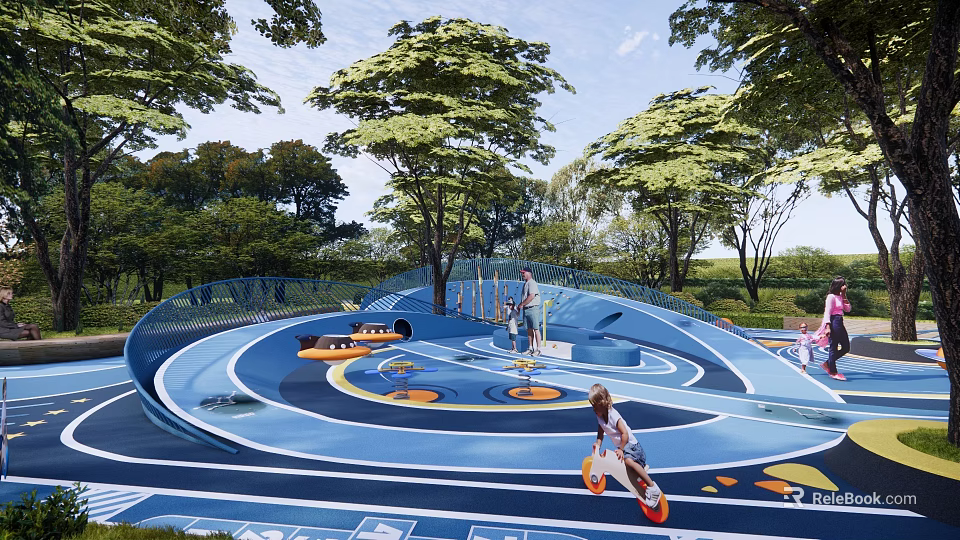 Fun Children's Play Area With Curved Blue Track And Kids Playing Surrounded By Trees 3d model 
