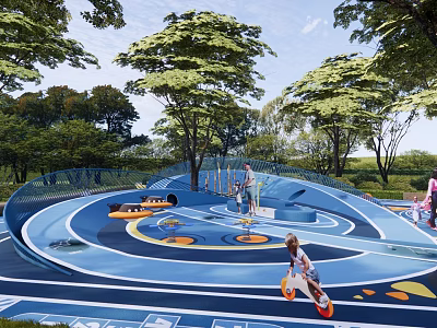 Fun Children's Play Area With Curved Blue Track And Kids Playing Surrounded By Trees 3d model