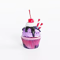 Delicious Cupcake With Purple Frosting Black Drizzle Cherry Topping And Red White Striped Candy Sticks