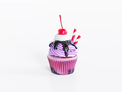 Delicious Cupcake With Purple Frosting Black Drizzle Cherry Topping And Red White Striped Candy Sticks 3d model