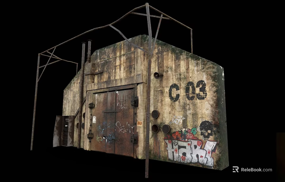 Rusted Metal Frame Structure With Old Wooden Door Graffiti And Number C03 3d model 
