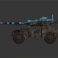 Blue And Brown Armored Military Vehicle With Cannon And Large Off Road Wheels