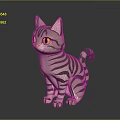 Detailed Realistic 3D Striped Cat Model in Sitting Posture with Yellow Eyes