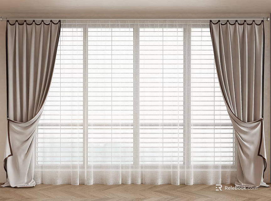 Modern Window Curtain With Gray Draped Fabric And White Sheer Layer For Interior Design 3d model