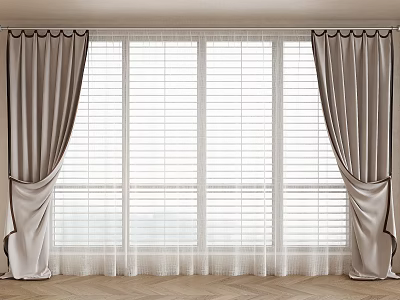 Modern Window Curtain With Gray Draped Fabric And White Sheer Layer For Interior Design 3d model