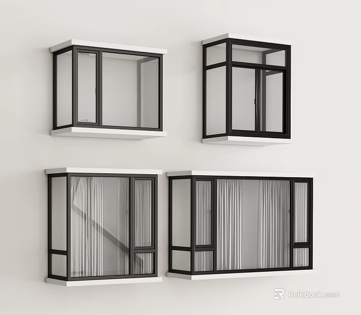 Modern Bay Window Designs With Black Frames Clear Glass And White Sills 3d model 