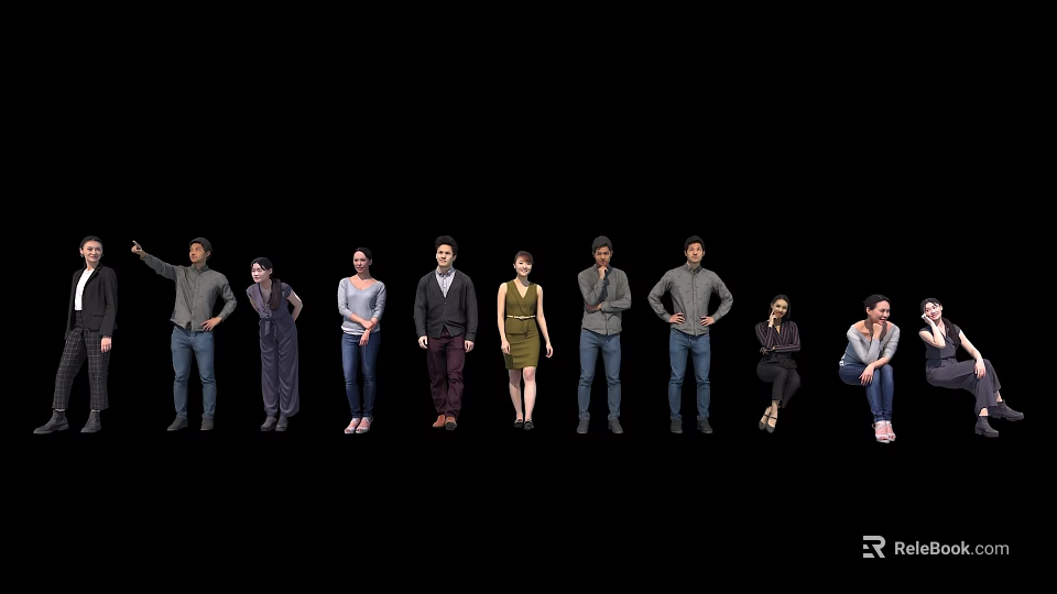 Group of People Standing in a Line With Various Poses and Casual Attire 3d model 