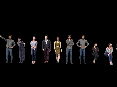 Group of People Standing in a Line With Various Poses and Casual Attire 3d model