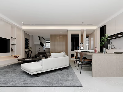Modern Open Dining and Living Room Interior With White Sofa and Dining Table 3d model