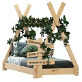 Kids Bed With Wooden Frame Green Vines Decor Adventure Theme Dinosaur Pillow Green Gray Bedding