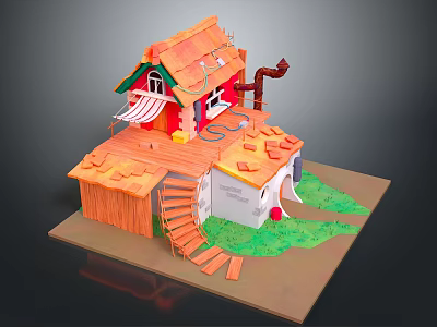 Handmade Model Cottage With Orange Roof Red Walls White Windows Wooden Staircase And Green Grass 3d model