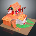 Handmade Model Cottage With Orange Roof Red Walls White Windows Wooden Staircase And Green Grass