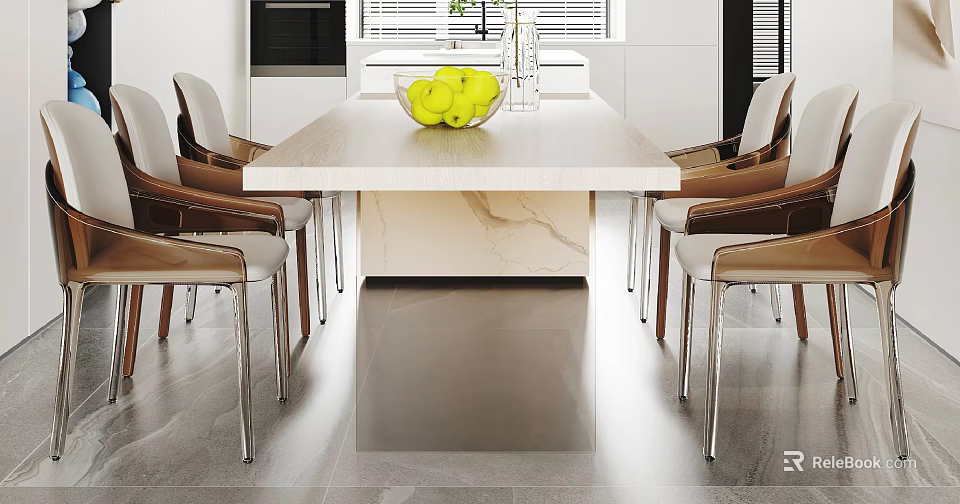 Modern Dining Table and Chairs Set with Yellow Apples Bowl in Kitchen with White Cabinets 3d model 