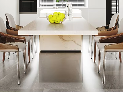 Modern Dining Table and Chairs Set with Yellow Apples Bowl in Kitchen with White Cabinets 3d model