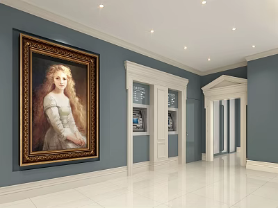 Service Hall Interior With Large Golden Framed Portrait Blue Walls And White Marble Floor 3d model