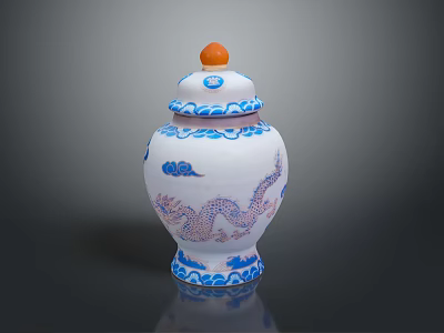Dragon Design On Blue And White Porcelain Jar With Orange Top Ornament 3d model