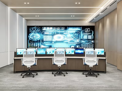 Modern Control Room Interior With Multiple Monitors And Large Digital Screen 3d model