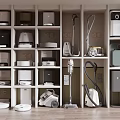 Various Modern Household Appliances Neatly Arranged On Shelves Display Collection