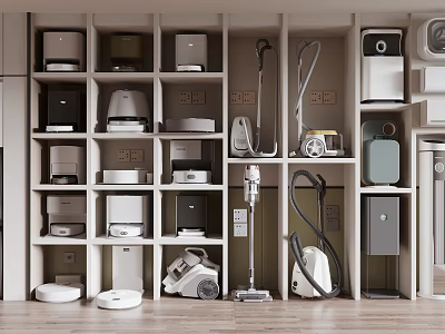 Various Modern Household Appliances Neatly Arranged On Shelves Display Collection 3d model