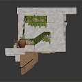 Ornamental Stone Garden Structure With Arched Openings Platform Plants And Clay Pots