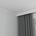 Modern Desk Interior With White Wall Grey Curtains And Wooden Frame Window