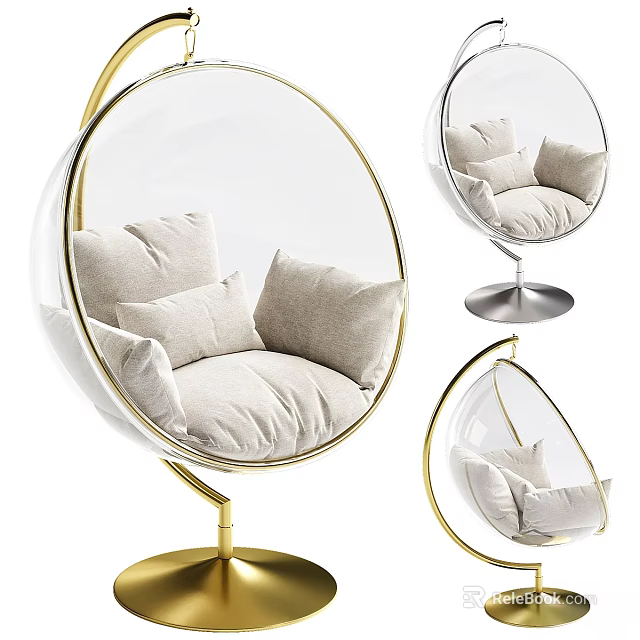 Transparent Globe Shaped Accent Chair With Gold Frame Beige Cushions And Metal Base 3d model 