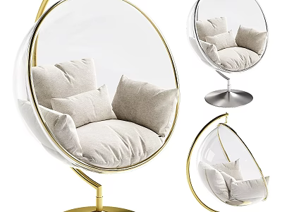 Transparent Globe Shaped Accent Chair With Gold Frame Beige Cushions And Metal Base 3d model