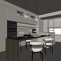 Modern Open Restaurant Kitchen Interior With Island Counter Cabinets And Pendant Lights