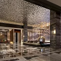 Elegant Hotel Lobby Interior With Shimmering Ceiling Chandelier And Patterned Marble Floor 3d model