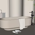 Elegant Modern Minimalist Freestanding Beige Bathtub Interior Design With Towel Slippers And Green Plant