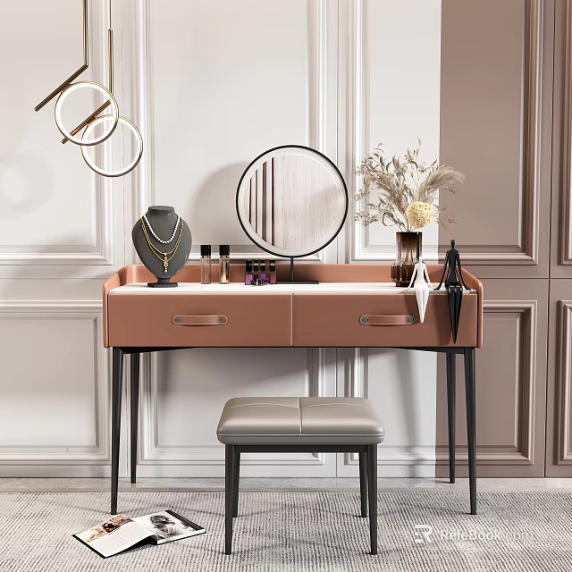 Pink Leather Dressing Table With Gray Stool Mirror And Decorative Items On White Wall Background 3d model 