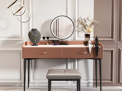 Pink Leather Dressing Table With Gray Stool Mirror And Decorative Items On White Wall Background 3d model