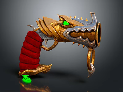 Dragon Head Decorated Pistol Weapon With Golden Silver Accents Green Eyes And Red Grip 3d model