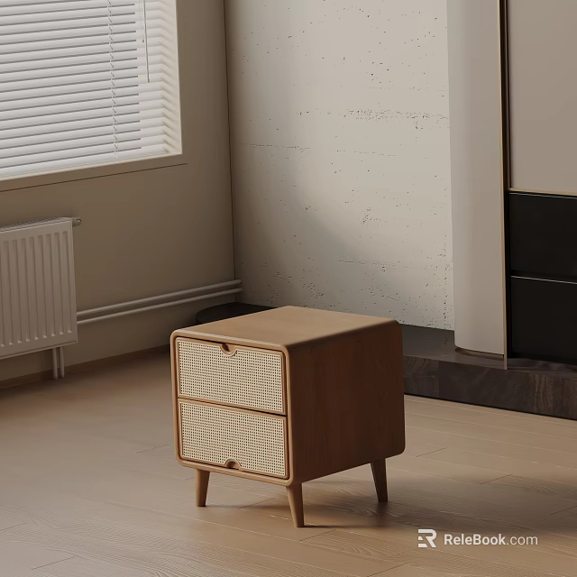 Wooden Side Table with Two Woven Drawers in Modern Room Corner Light Textured Wall 3d model 