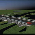 Modern Bridge With Red Canopies Over River And Scenic Mountain City Landscape