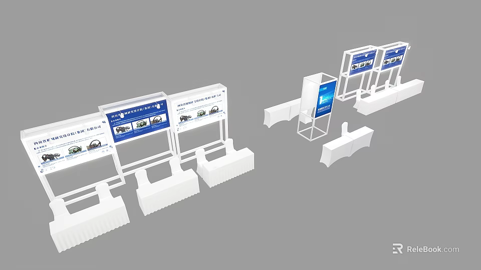 Modern Exhibition Booth Design With White Structure And Blue Display Screens 3d model